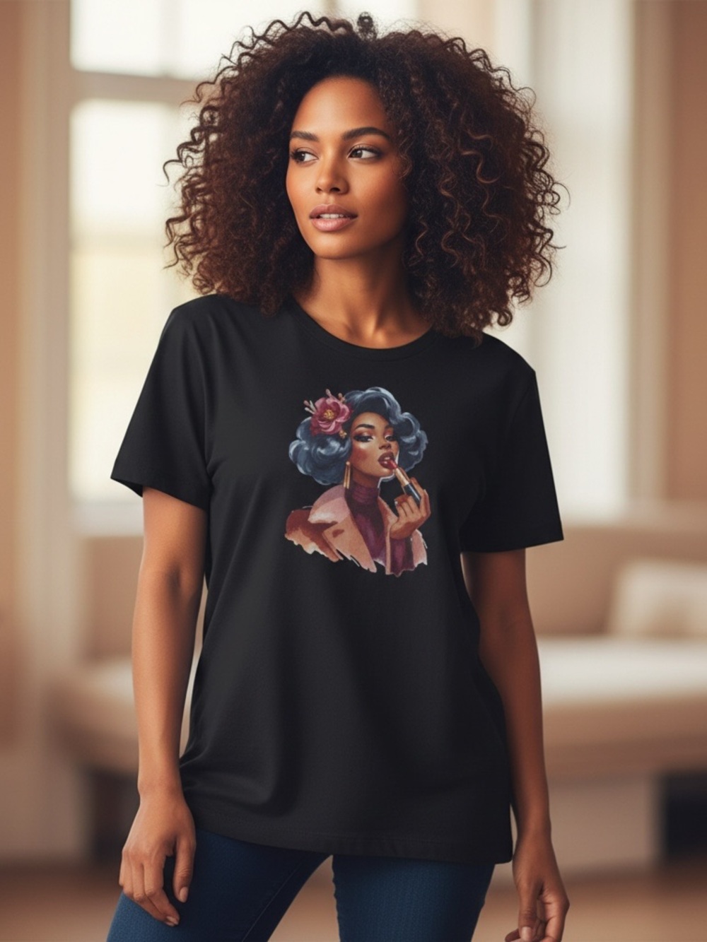 Black Short-Sleeve Graphic Tee with Glam Portrait
